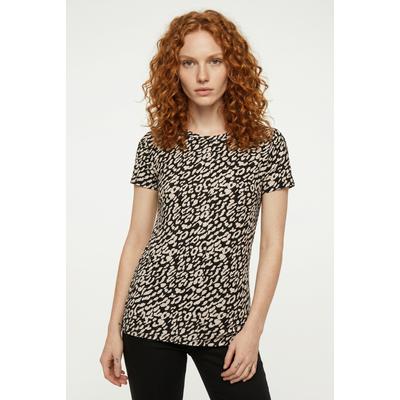 Kurzarmshirt ONLY "ONLBERA BACK LACE UP S/S TOP JRS NOOS", Damen, Gr. M, schwarz (schwarz aop:eggnog leo), Jersey, Obermaterial: 95% Viskose, 5% Elasthan, bedruckt, regular fit normal, Rundhals, Shirts