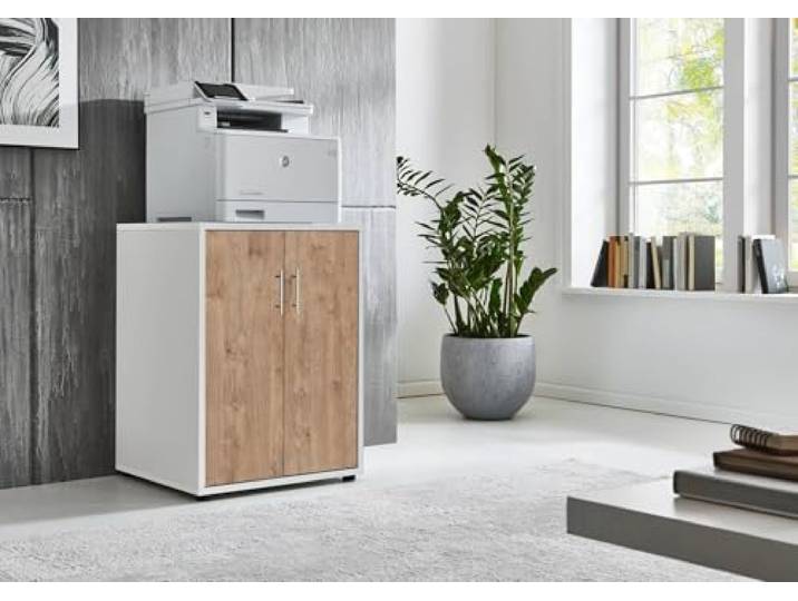 Druckerschrank Office Edition mit 2 Türen, 2 Einlegeböden, Büromöbel, 74 cm Höhe (Weiß/Gold Harbor Oak)