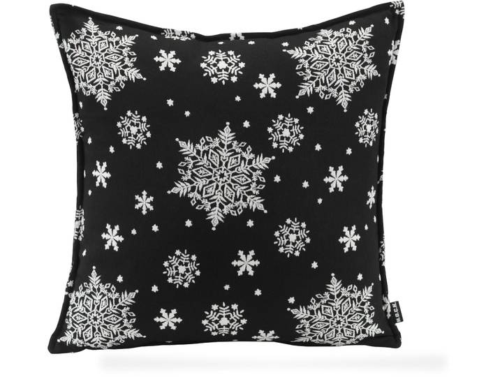 Dekokissen H.O.C.K. Snow Flakes , schwarz (schwarz, gemustert), B:50cm H:10cm L:50cm, Obermaterial: 42% Polyester, 37% Polyacryl, 21% Baumwolle. Füllung: 100% Polyester, Dekokissen_Sitzkissen_Kissenhüllen, Dekokissen, Schneeflocke, traditionell, bestickte Schneeflocken, inkl. Füllung