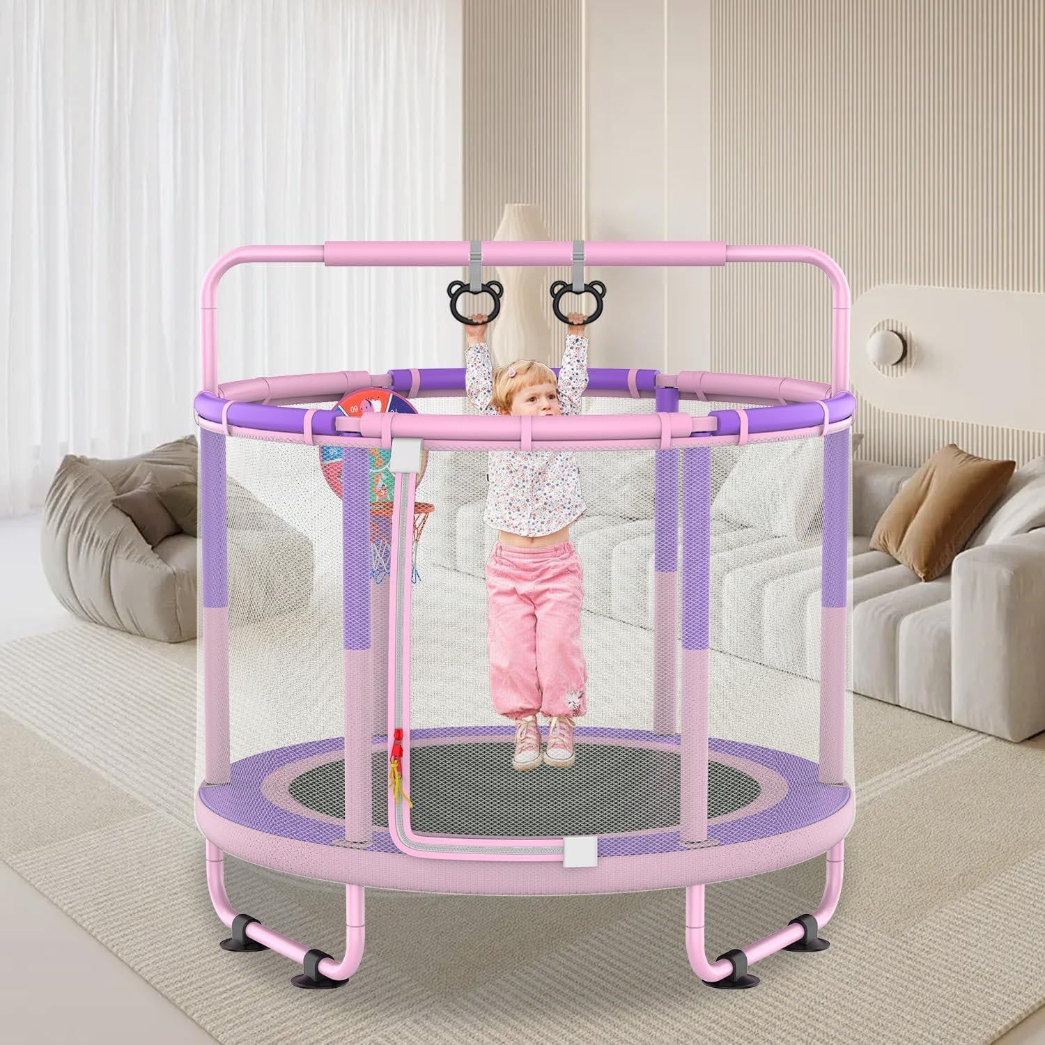 CZCPAPY Kindertrampoline met veiligheidsnet, mand en schommels, roze