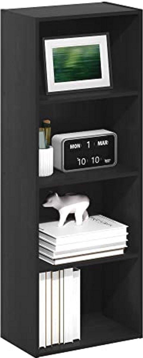 Merkloze Boekenkast met 4 Open Planken, Zwart Hout, Ruimtebesparend Design
