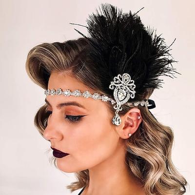 Schwarzes Stirnband mit Federn und Strass im Stil der 1920er-Jahre im Gatsby-Stil für Damen – Accessoire im Vintage-Flapper-Stil für Kostümpartys, Hochzeiten und Veranstaltungen im Retro-Stil