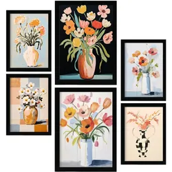 POSTER Set Mit 6 Blumenvasen A3 & A4 Schwarzer Rahmen