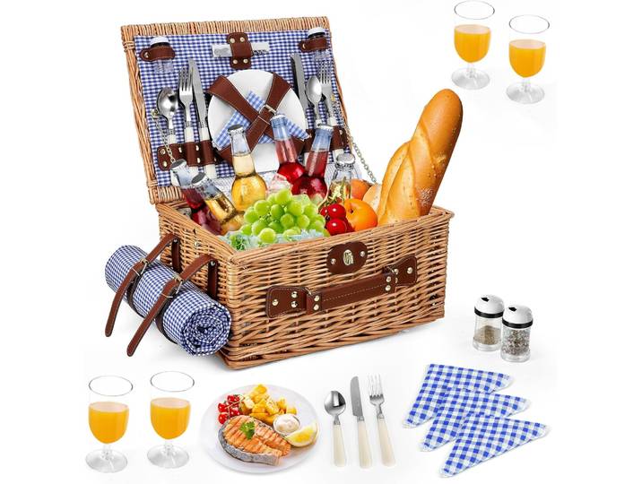 Panier de pique-nique pour 4 personnes, panier de pique-nique avec compartiment isotherme, housse et couvertures de pique-nique imperméables, panier de pique-nique de Camping