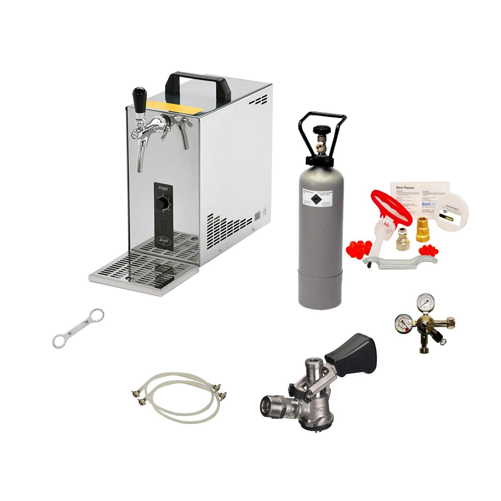 Komplett Set - Zapfanlage, Bierzapfanlage, Bierkoffer, Durchlaufkühler PYGMY 25 1-leitig Trockenkühler, 35 Liter/h, Reinigungsset für Zapfanlage und Keg, Flach