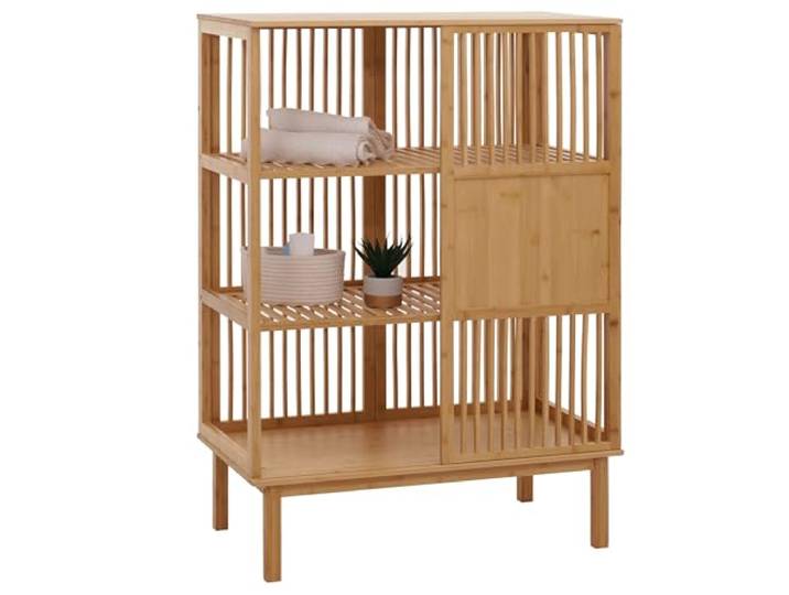 Mendler Bambus Standregal HWC-N81 3 Regalböden Schiebetür 115x80x45cm