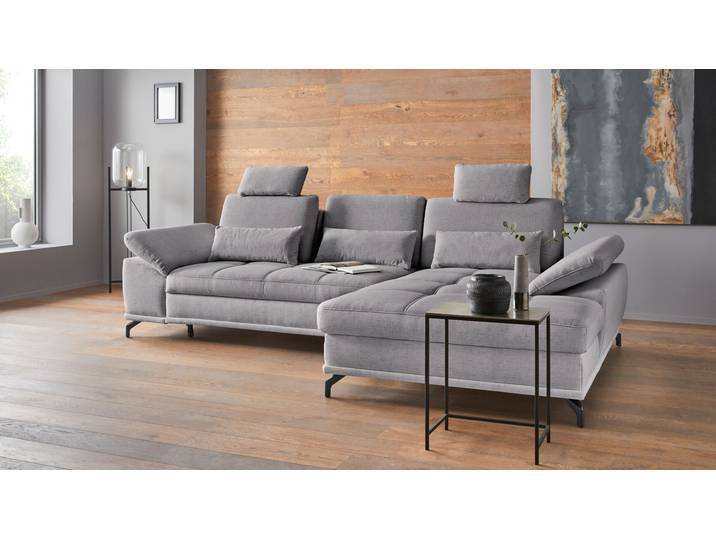 Ecksofa GOODPRODUCT Costello L-Form, Sitztiefen- & Armteilverstellung, 3 Nierenkissen , grau, B:301cm H:89cm T:176cm, 100% Polyester;Samtoptik (100% Polyester), Sofas, Ecksofa, mit Schlaffunktion & Stauraum, Federkern