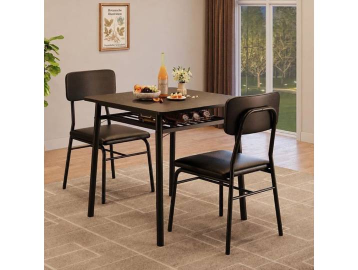 Ensemble 3 pièces table carrée noire métal étagère 2 chaises petite pièce