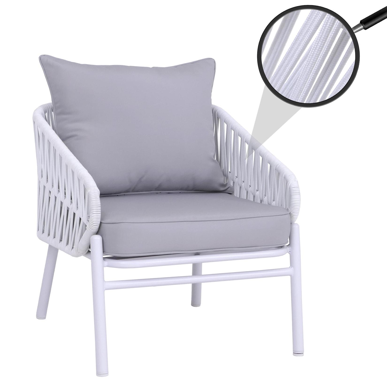 Aluminium-Gartenstuhl MCW-P90, Loungestuhl Sessel Outdoor, Seilgeflecht Rope Stoff/Textil (180g/m²) ~ hellgrau