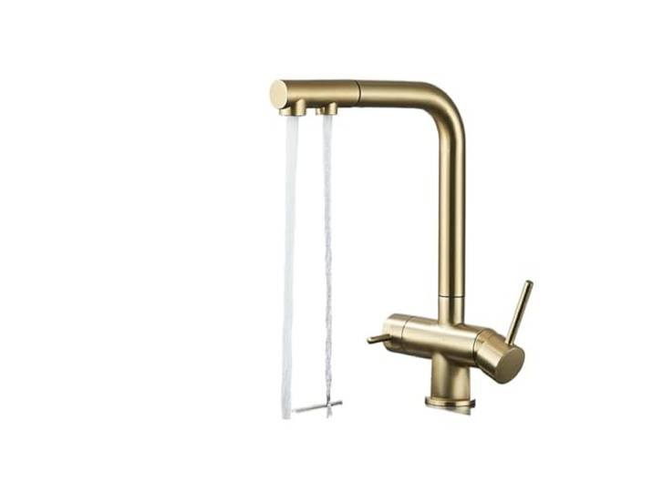 Wasserfilter-Küchenarmatur, herausziehbare Mischbatterie for die Deckmontage mit zwei Griffen, Wasseraufbereitungskran 360-Grad-Drehung Kommerziell(Brush Gold A)