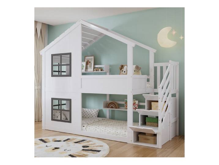 OKWISH Etagenbett Kinderbett Stauraumbett (mit Dach und Fenster, Stabiler Lattenrost, Dreistufiger Treppen-Schrank, Praktisches Kinderzimmermöbel 90x200 cm), Inklusive Matratze
