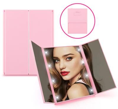 Fusion Finds LED Makeup Mirror Travel Folding Tri Fold Vanity Mirror With Stand pink