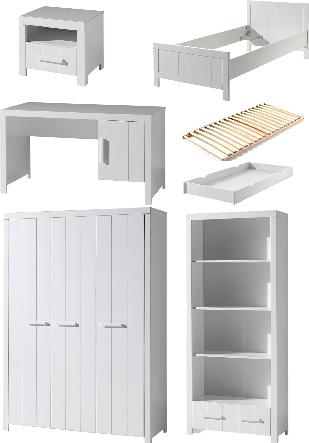 Vipack Kinderzimmer-Set Erik Einzelbett + Lattenrost + Nachttisch + Schreibtisch + Kleiderschrank + Bücherregal + Ausziehbett