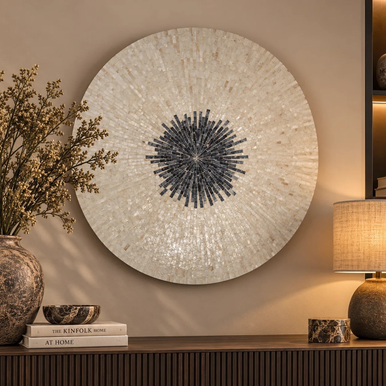PTMD Wandornament Vojtech Wit en Blau, Rond Bamboo, Diameter: 90 cm