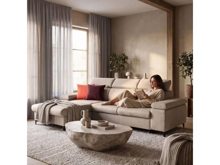 Muffo Ecksofa mit Schlaffunktion und Bettkasten Links Beige freistehendes Sofa verstellbare Armlehnen Schlafsofa MAVIC L Stauraum Ecksofa verstellbare Kopfstützen