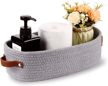 Inspire Picks Elegant Oval Cotton Rope Storage Basket With Leather Handle Bathroom And Home Organizer gray
