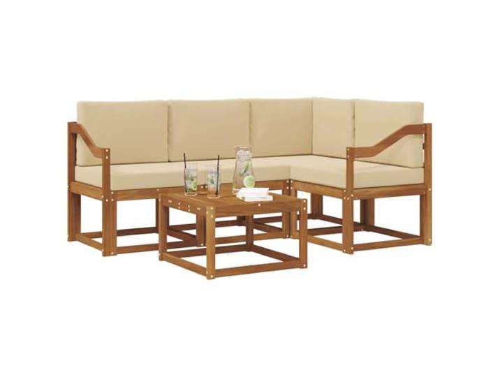 KTHLBRH Sofa-Set für den Außenbereich, 5-teilig, Natur und Beige Massives Akazienholz, modular, 4-Sitzer, mit Tisch, Lattenrost