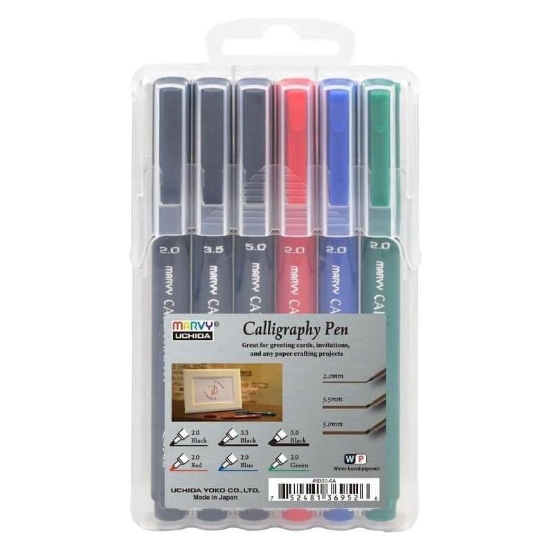Marvy Kalligraphie-Fineliner, 3 Stärken, 6 Farben (6x) (58168268)