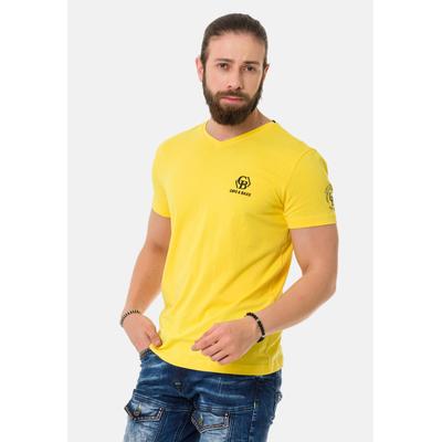 T-Shirt CIPO & BAXX "T-Shirt", Herren, Gr. XXL, gelb, 95% Baumwolle, 5% Elasthan, bedruckt, figurumspielend, V-Ausschnitt, Shirts T-Shirt, mit Logo-Patch Prints