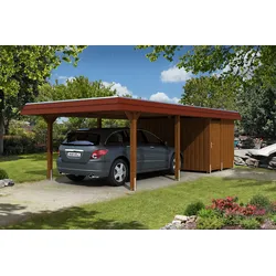 Skan Holz Walmdach Carport 409cm inkl. Abstellraum nussbaum rote Blende Holzcarport