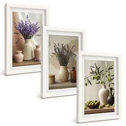 BILDER SET 3er Set - 20x30 cm Weißer Rahmen - Lavendelblüten, Oliven, Gefäße