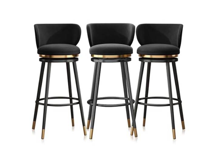 LJISEHG Samt-Thekenhocker 360° drehbare Samt-Barhocker mit Rückenlehne, Metallbeine, Grau, 25,6 (Black 3pcs,65cm(25.6 ))