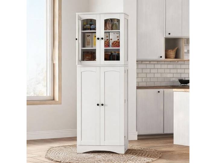 Buffet haut vitrine acrylique 4 portes 10 compartiments blanc mat 60x40x162 cm