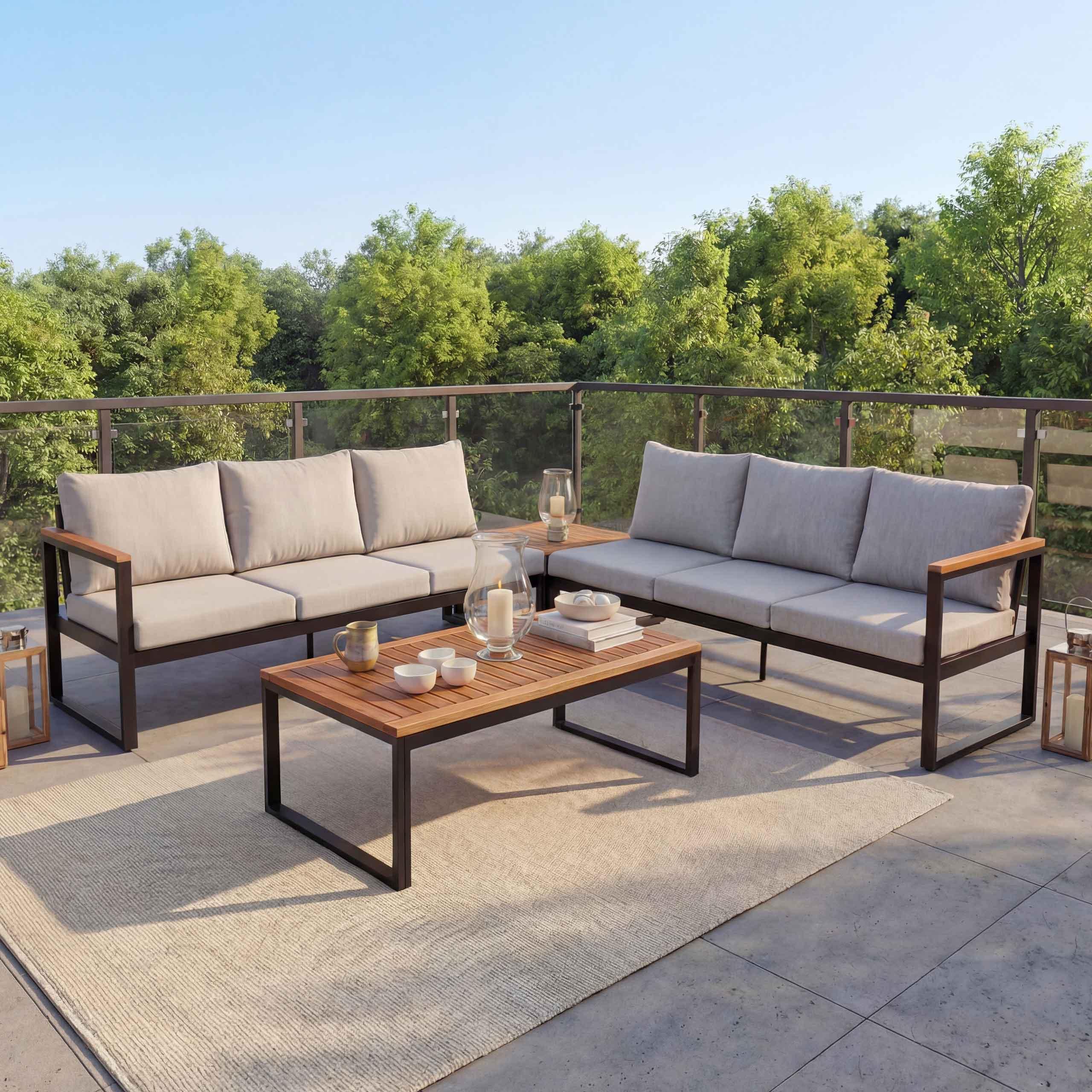 Garten-Garnitur HWC-L26, Gartenlounge Lounge-Set Sitzgruppe Sofa, Aluminium Akazie Holz MVG- hellgrau