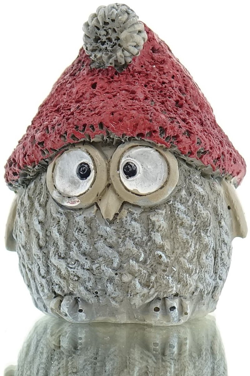 Posiwio Kerstdecoratie Uil Grijs met Rode Muts, 9 cm, Polyresin