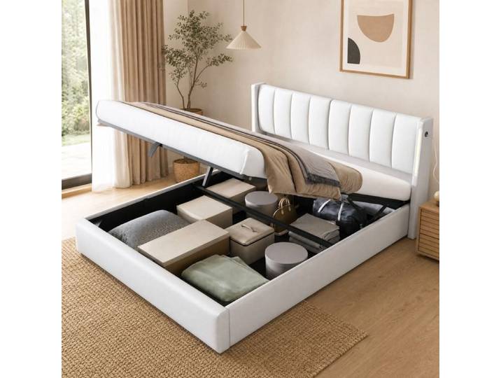 Lit coffre rembourré FloraGrace 160x200 cm PU blanc