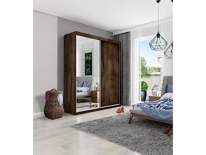 KIER FURNITURE Mehrzweckschrank TOP B-23 Schiebetürenschrank - Eleganter Kleiderschrank Schrank Garderobe Spiegel - Wohnzimmerschrank Schiebetüren - Esche Dunkel 150x200x62 cm