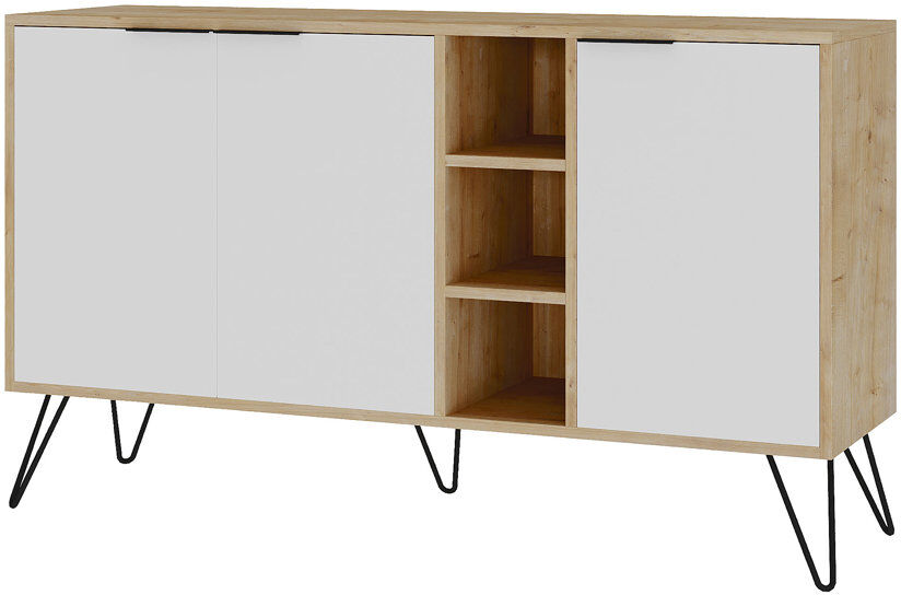 Hykkon Jaycee 142 Cm Wide Sideboard   Stylish Storage Cabinet with Metal Hairpin Legs Oak/White 83cm H X 142cm W X 35.6cm D
