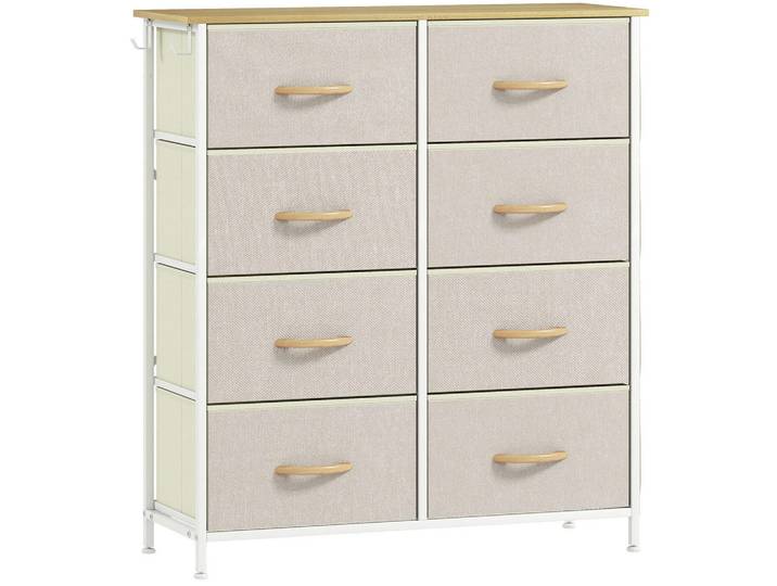 Homcom Kommode Schrank mit 8 Schubladen aus Stoff, Haken, Seitentasche, Stahlrahmen, Beige, Metall, Nachbildung, 30x94.5x86 cm, Kleinmöbel, Kommoden, Kommoden