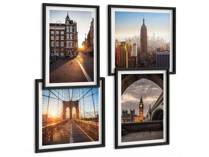 BILDER SET 4er Set - 50x50 cm & 40x60 cm Schwarzer Rahmen - London-Ansichtsgemälde-Set