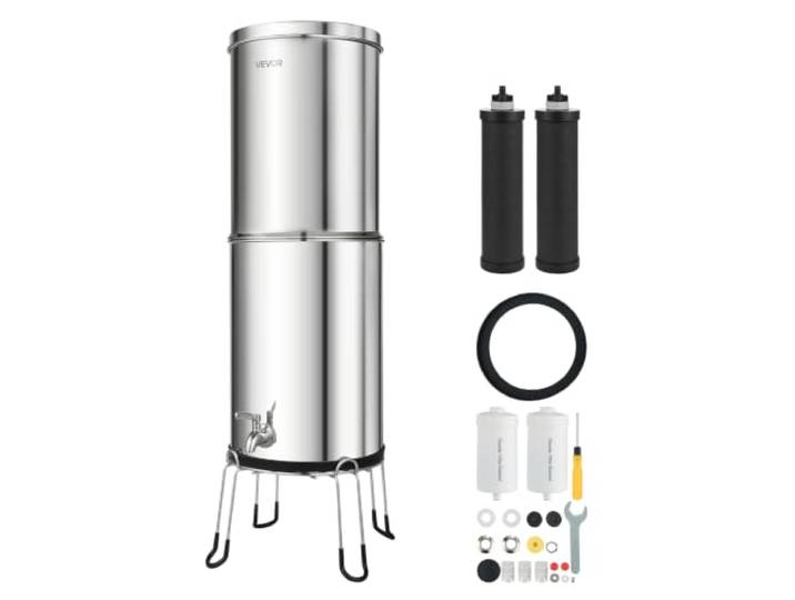 VEVOR Schwerkraft-Wasserfilter Wasserfiltersystem 12,3 L Edelstahl 304, Wasserfilteranlage Reduziert Blei und bis zu 99% Chlor, mit 2 Aktivkohlefiltern, 2 Fluoridfiltern, Wasserhahn & Ständer
