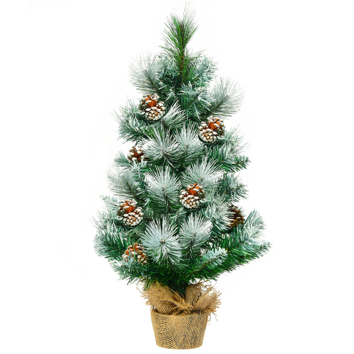 Costway Kunstkerstboom met dennenappels en cementvoet, besneeuwde mini kerstboom voor op tafel, 60 cm, groen