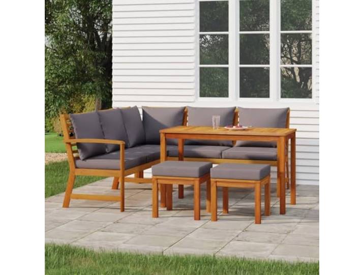 Bois d'acacia massif avec coussins rustique pour patio terrasse Brun 6 Ensemble à manger de jardin 6 pcs avec coussins Bois d'acacia, salon extérieur modulable avec table, bancs et pouf, terrasse