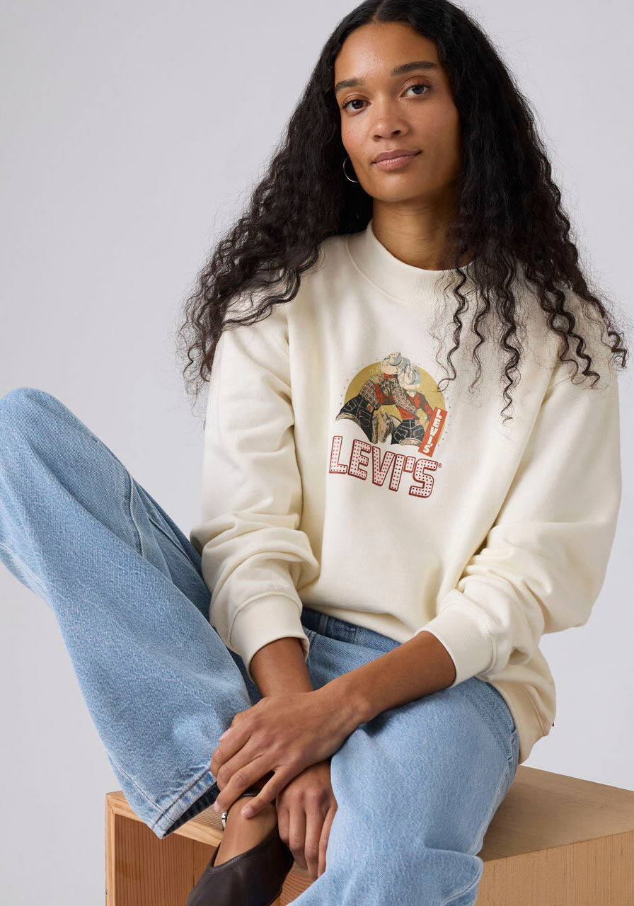 Sweater LEVI'S "GR COLLINS MOCKNE", Damen, Gr. S (36), beige (crew archival ranch), Sweatware, Obermaterial: 88% Baumwolle, 12% Polyester, bedruckt, lässig geschnitten hüftbedeckend, Rundhals, Flachstrickbündchen, Sweatshirts Sweater, mit Frontprint und G