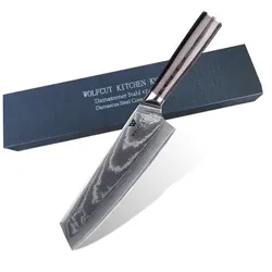 WOLFCUT - Damaskus Kiritsuke Messer mit schwarzem Pakkaholzgriff 20 cm Klinge 67-lagiger Damaszenerstahl mit Geschenkbox