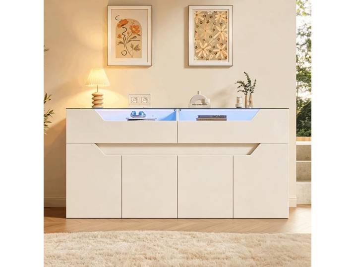 Buffet bas - LEMONBEST - 140x40x70 cm - Plateau verre trempé - 2 tiroirs 4 portes - Blanc moderne