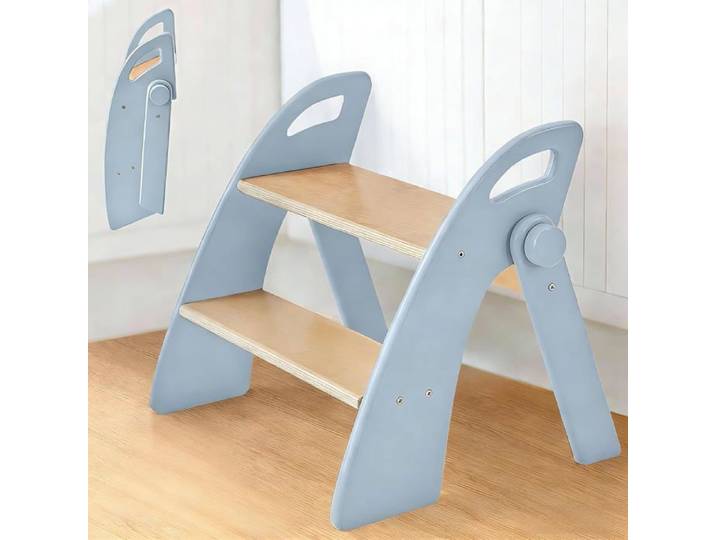 Marchepied pliable 2 marches bambou capacité 130 kg antidérapant poignées latérales tabouret bleu compact