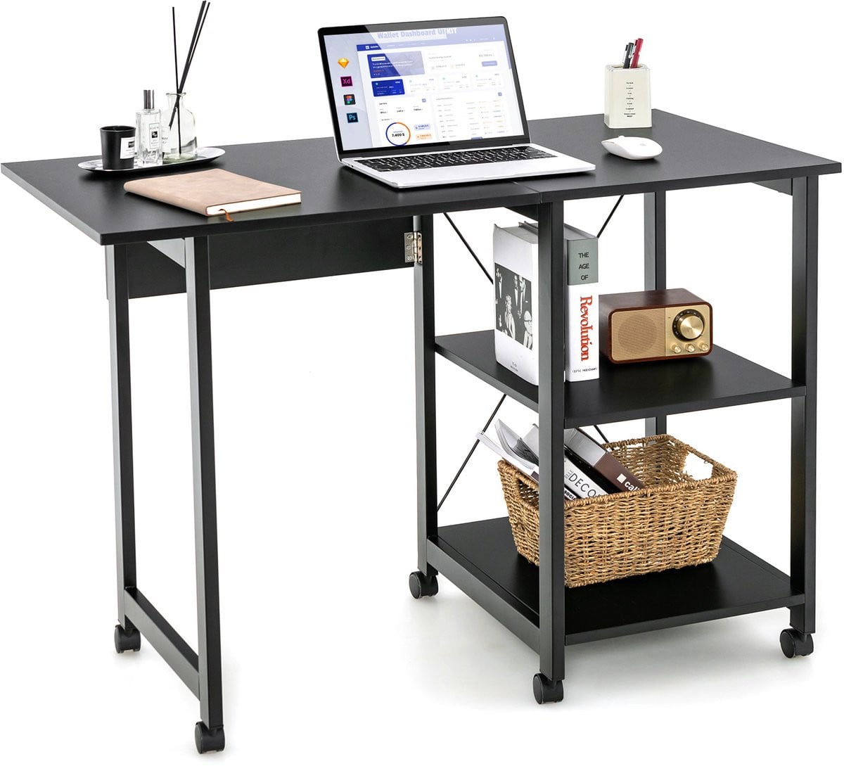 COSTWAY Inklapbare computertafel met 2-traps opbergvakken en 6 wielen, zwart