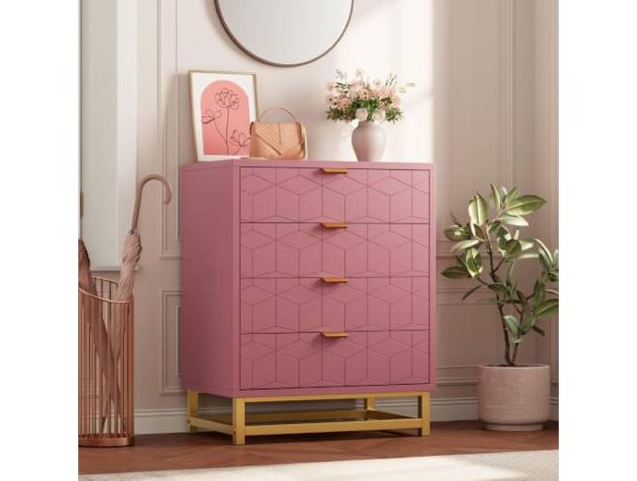 GarveeMore Kommode 4 Schubladen mit Metallgriffen, Rosa 4 Geräumige Schubladen Einzigartiges Prisma-Muster Sanfte Rosa-Optik Goldene Metallgriffe Für Schlafzimmer Und Kinder