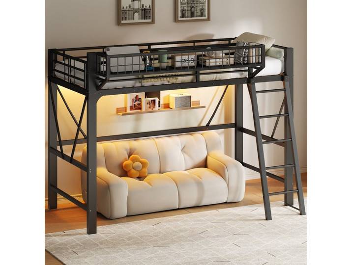 MODFU Hochbett aus Metall (mit LED-Beleuchtung, Aufbewahrungskorb und durchgehenden Sicherheitsgeländern, schwarz, 204 x 124.5 x 180) ohne Matratze