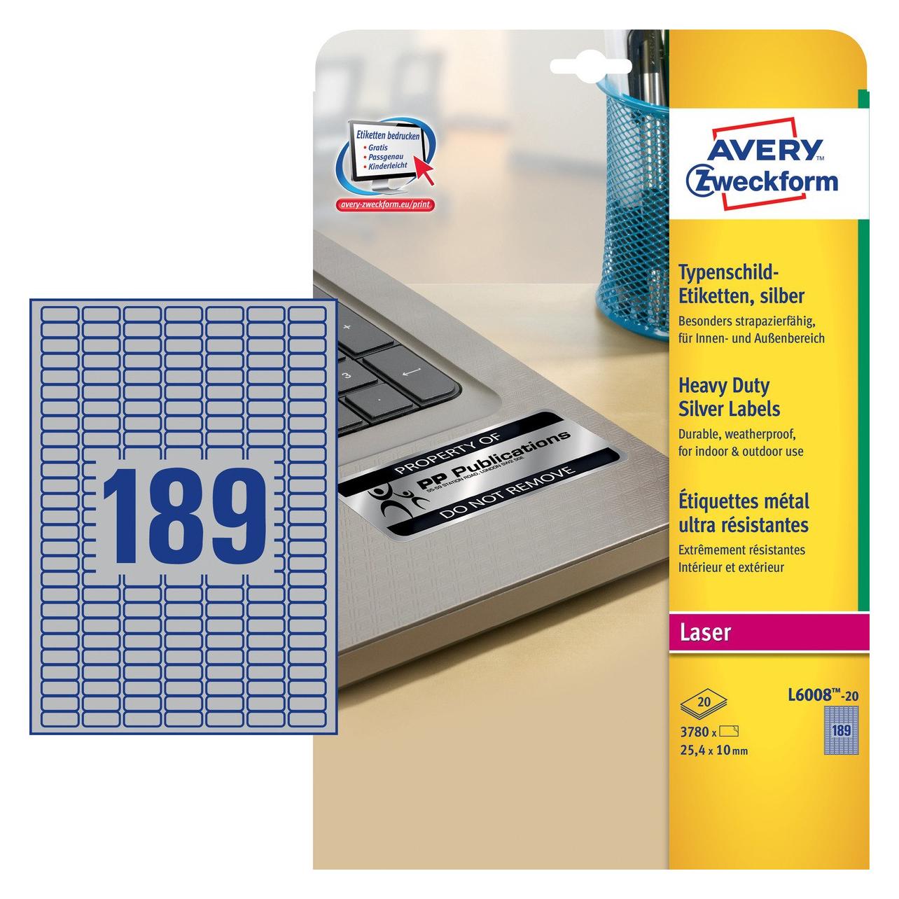 Avery Silberne Polyester-Etiketten - für Schwarz/Weiss-Laserdrucker - 25,4 x 10 mm (L6008-20)