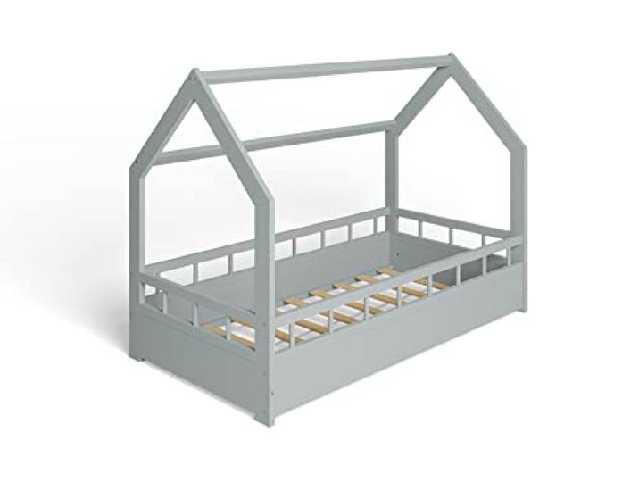 ms factory Hausbett Kinderbett 80x160 cm mit Rausfallschutz und Lattenrost - Einzelbett aus Kiefernholz für Mädchen und Junge - Grau