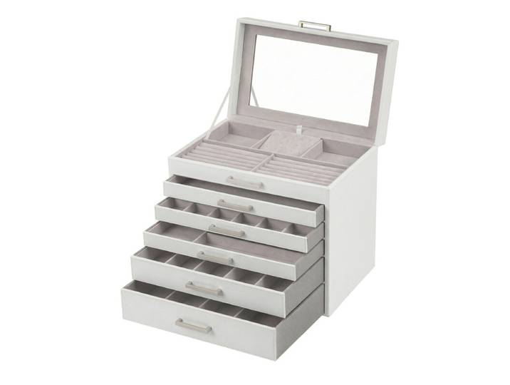 JOYFURNOS Boîte à Bijoux 6 Niveaux, Écrin à Accessoires, avec Grand Miroir, 5 Tiroirs, Rangement pour Bijoux, Moderne, Blanc