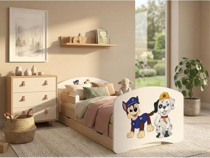 Happy Babies Bett für Kinderzimmer 80X 160 mit Schublade, Bett und Matratze für Mädchen, Kinderbett mit Schutz vor dem Herausfallen und Einer Schublade, Einzelbett, Hundemotiv, Junge - Weiss