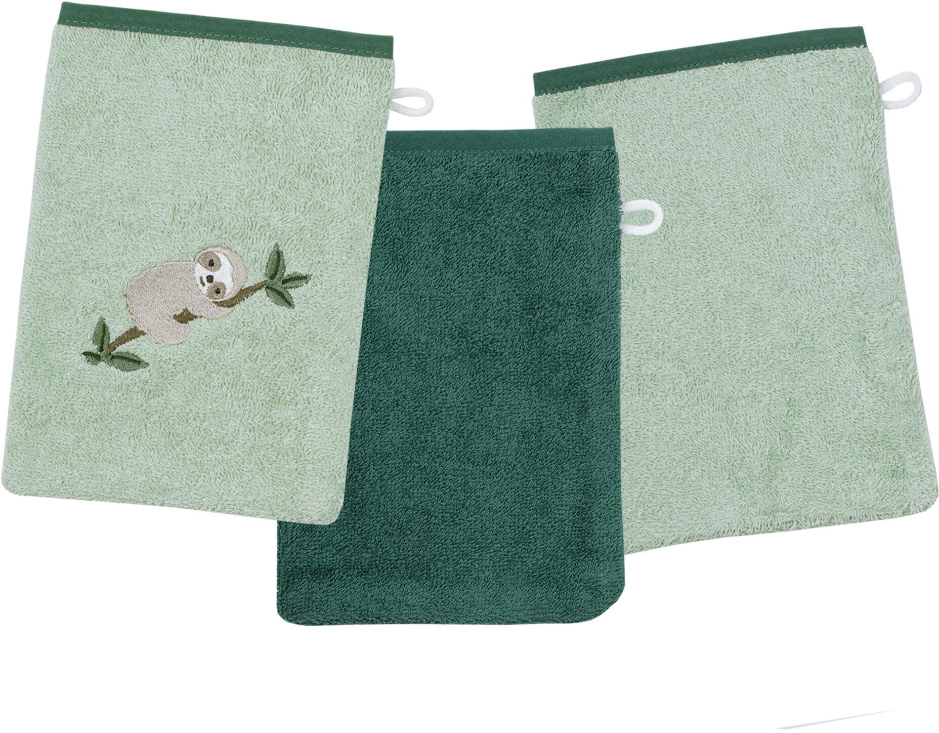 Waschhandschuh WÖRNER "Faultier Waschhandschuh 3er Set", grün (helloliv, pinie), B:15cm L:21cm, Obermaterial: 100% Baumwolle, Handtücher, Waschhandschuh, 1x mit Stickerei Faultier, 2x unifarben helloliv, pinie B/L: 15cmx21cm, 3 Stk.
