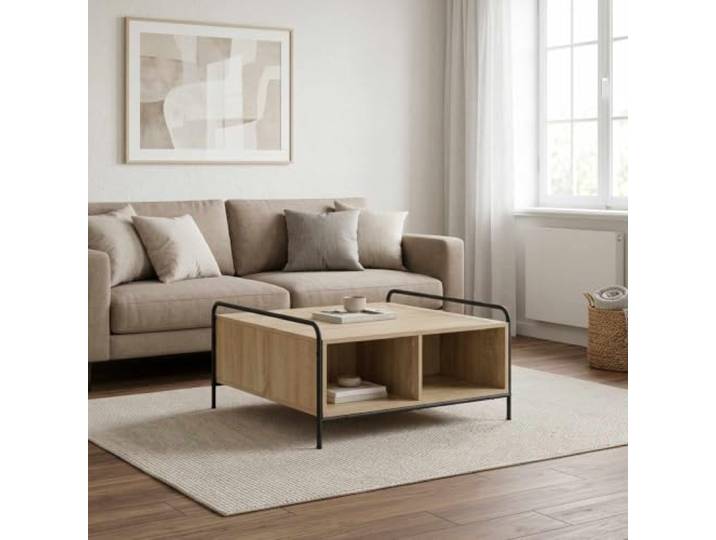 KUTYWEXFM Couchtisch Sonoma-Eiche Optik 80x80x41 cm Wohnzimmertisch Stabiler Beistelltisch aus Holzwerkstoff mit Stahlrahmen, 4 Fächern und Ablagefläche für Ihr Wohnzimmer.